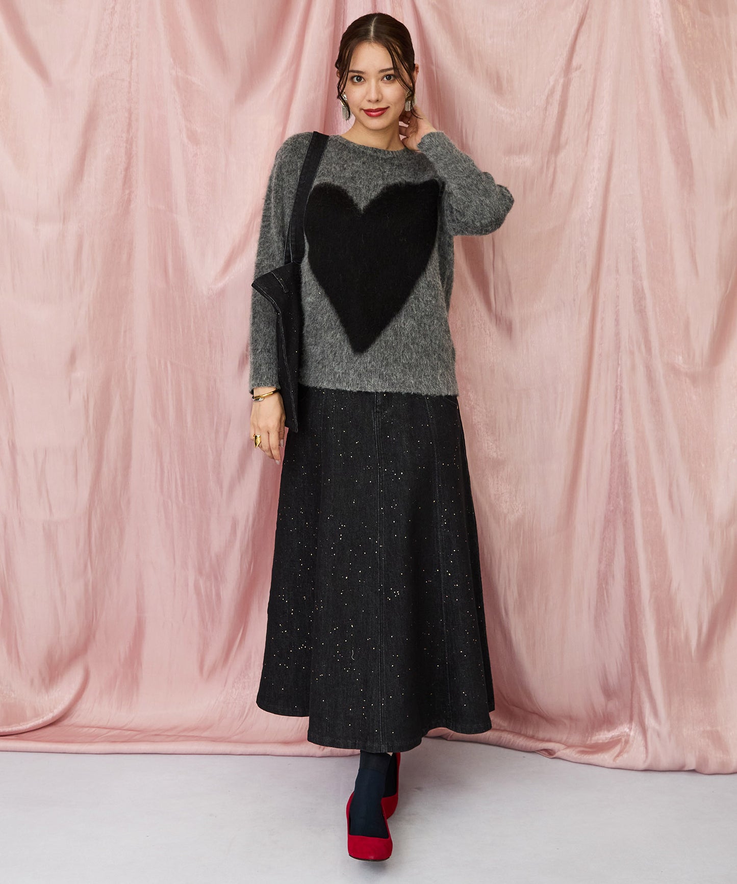 14-5884【FONT LAB】箔ペイントフリンジデニムスカート