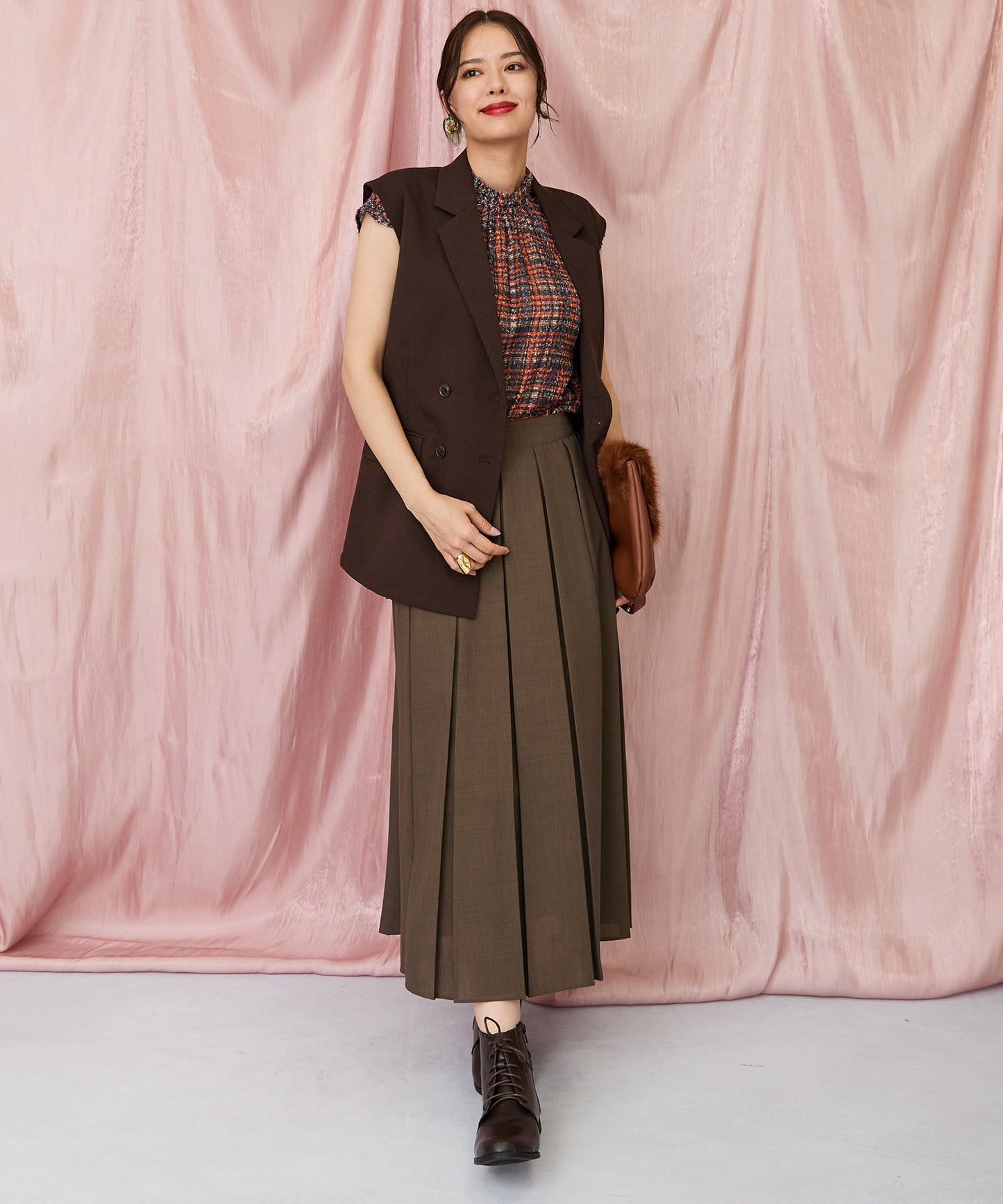 【FONT LAB】フリンジチェックハイネックブラウス