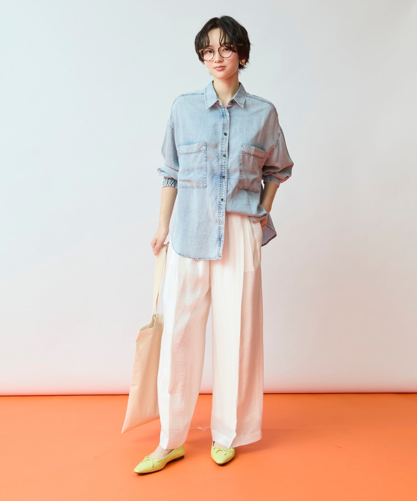 01-5960 【FONT LAB】シャーリングスリーブデニムシャツ