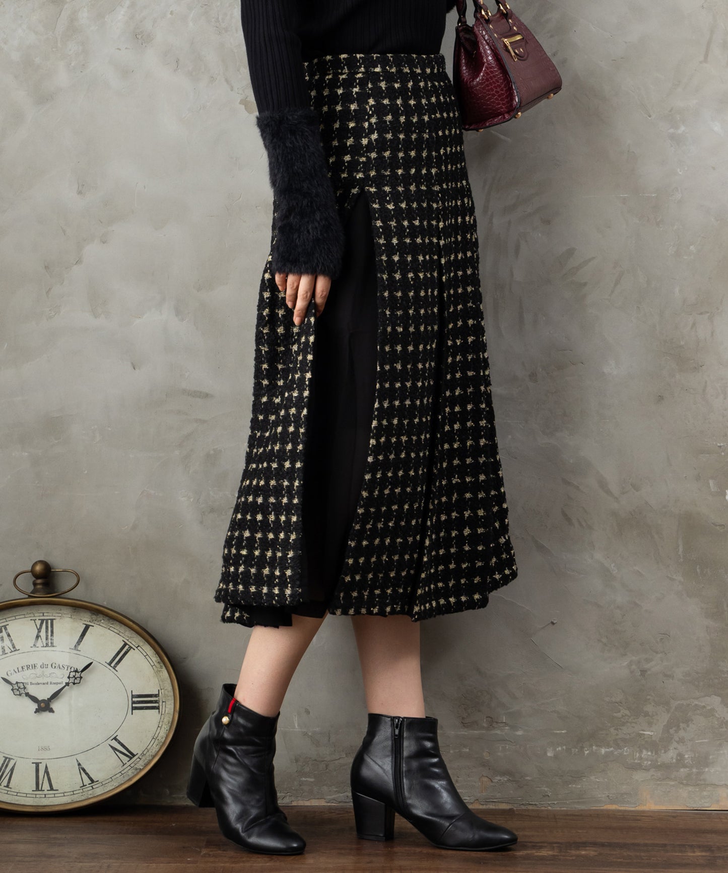 14-5873【DERHY】ツイードボックスプリーツスカート