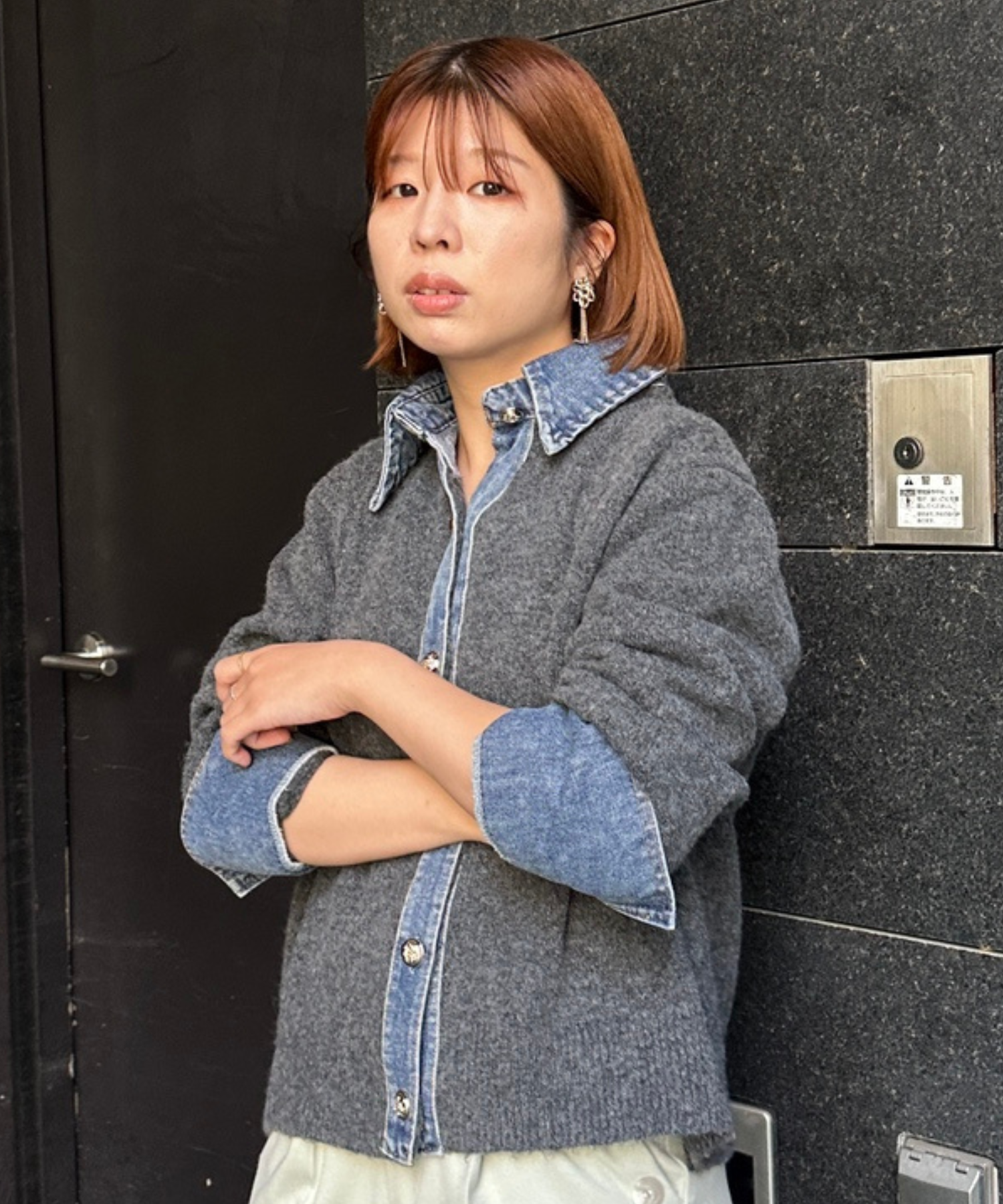 【FONT LAB】デニムシャツフェイクレイヤードニットカーディガン