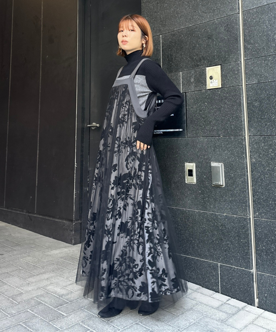 【FONT LAB】フロッキープリント×チュールコンビワンピース