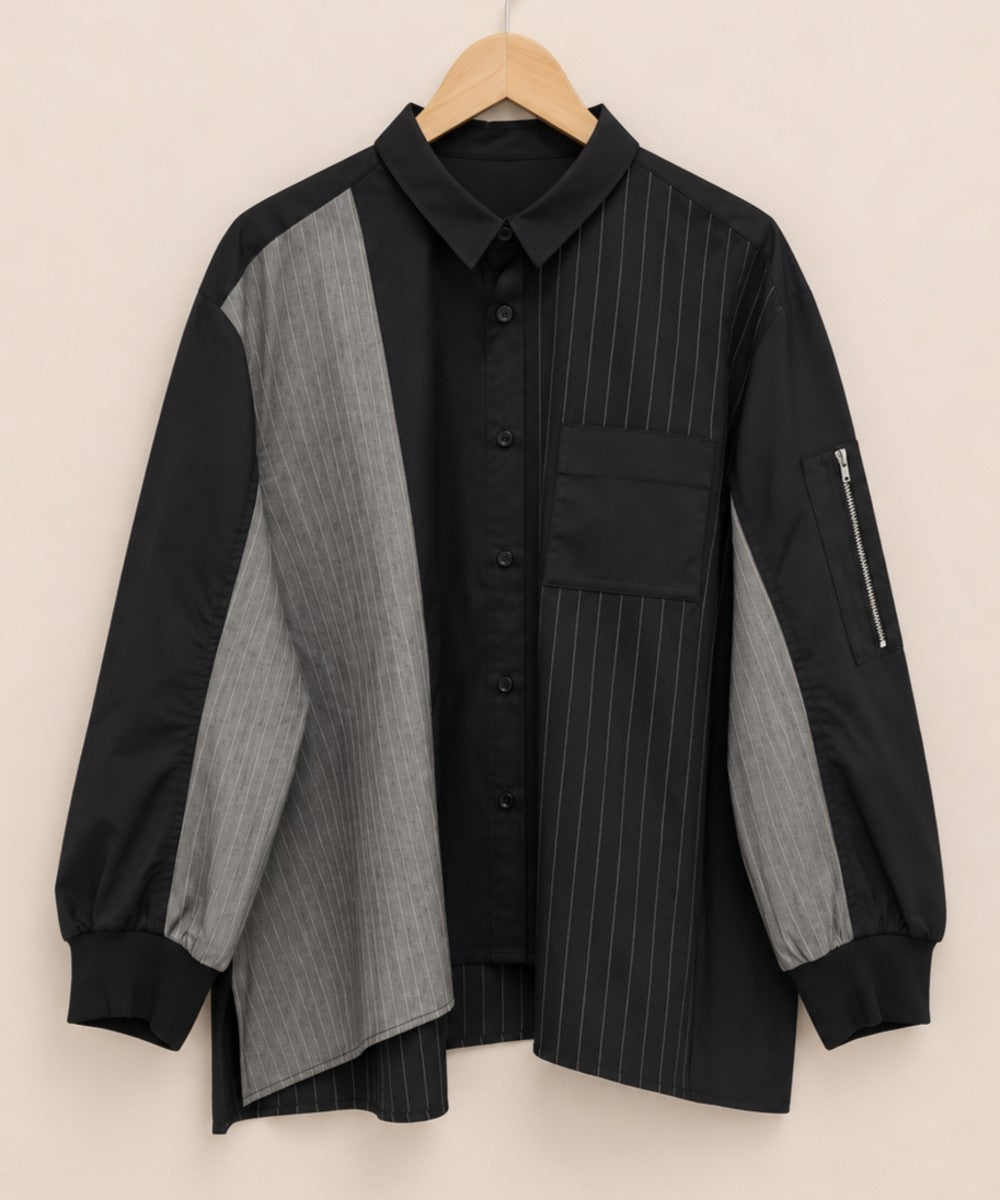 01-6770BLANC basque [Rogique]異素材MIXブルゾンライクストライプシャツ【先行予約】