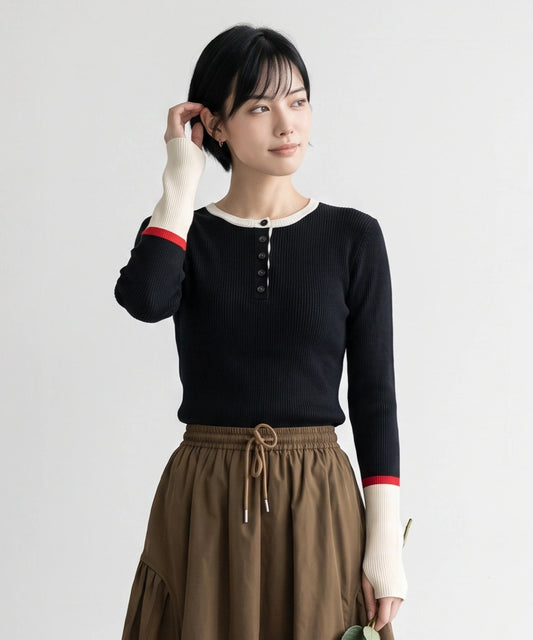 【FONT LAB】グラフェンカラーブロックヘンリーネックリブニット