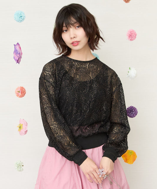 【JETSET SOLO PLUS】ペイズリーラメレース裾リブブラウス