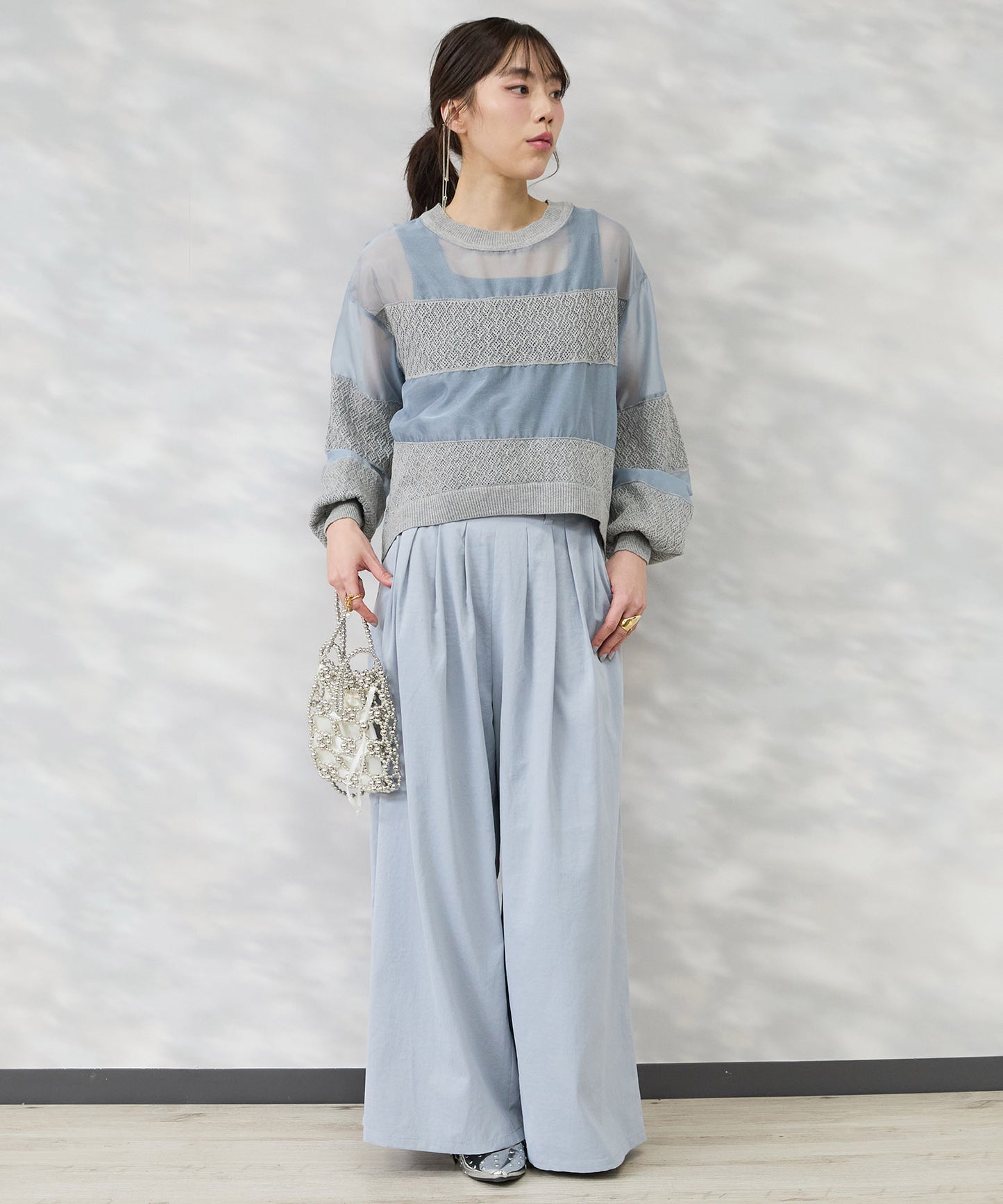 【FONT LAB】オーガンジー×透かし編みボーダーブラウス