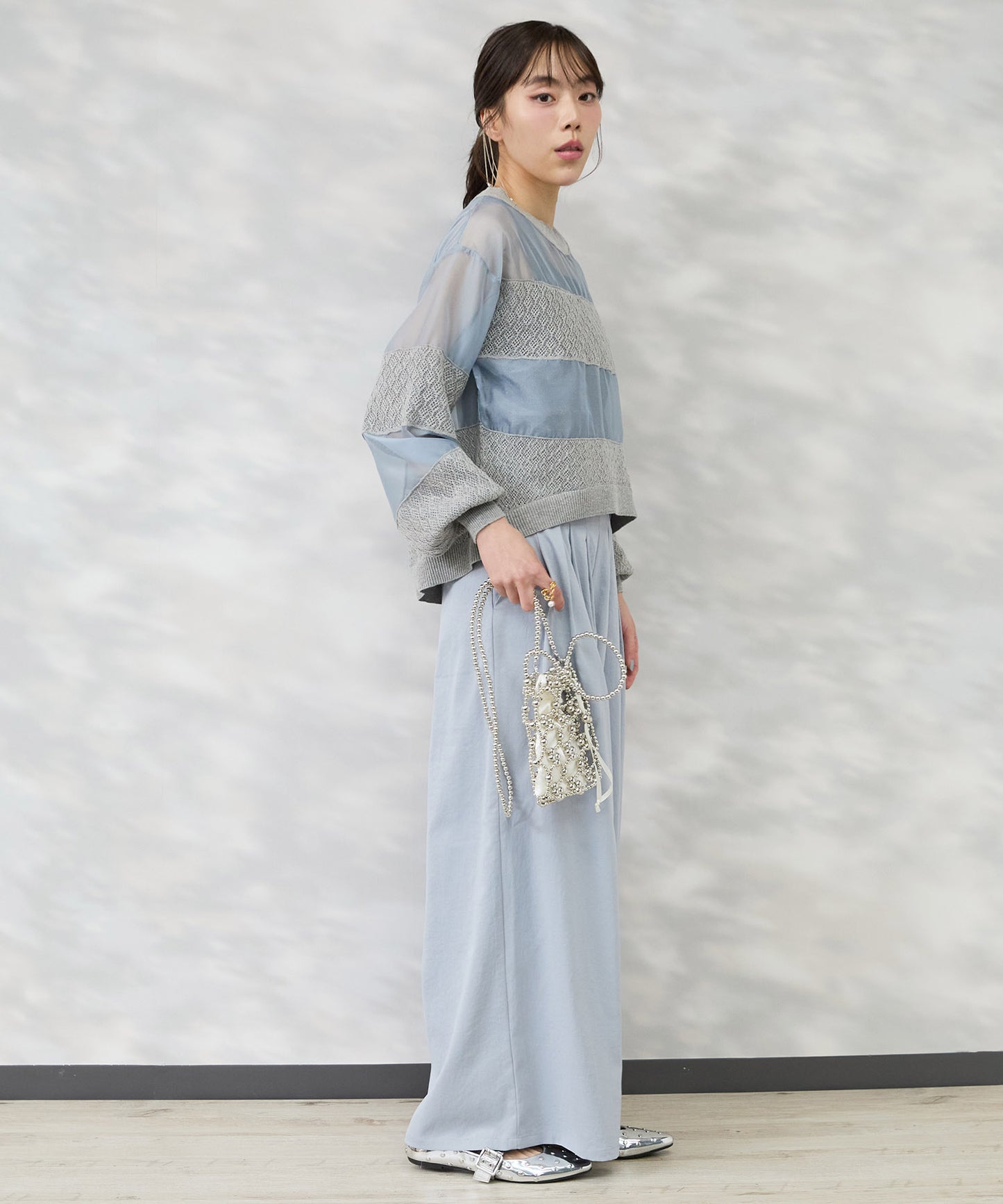 【FONT LAB】オーガンジー×透かし編みボーダーブラウス