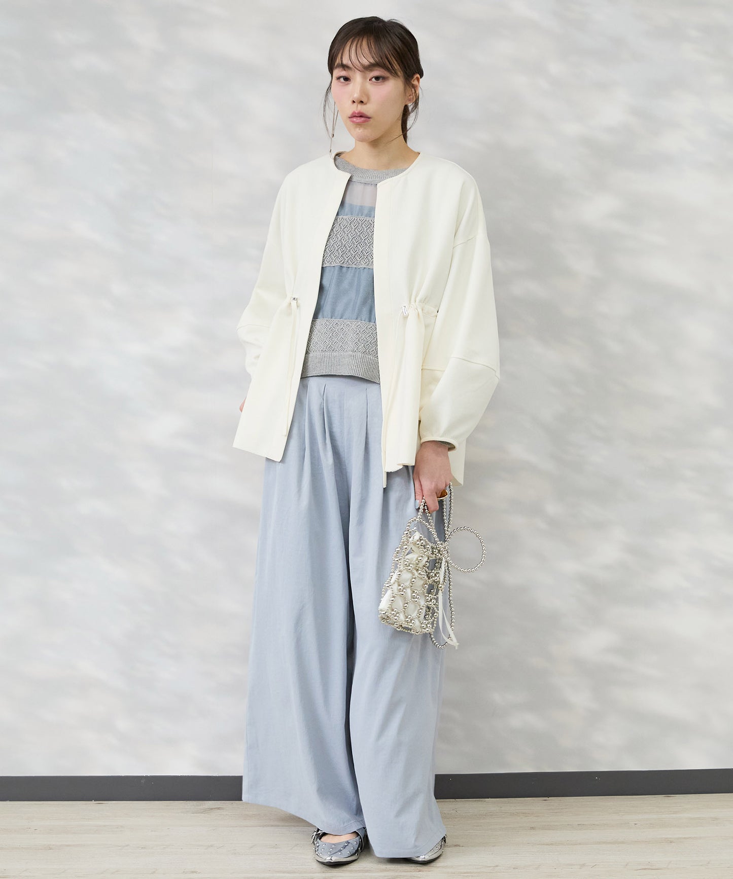 【FONT LAB】オーガンジー×透かし編みボーダーブラウス