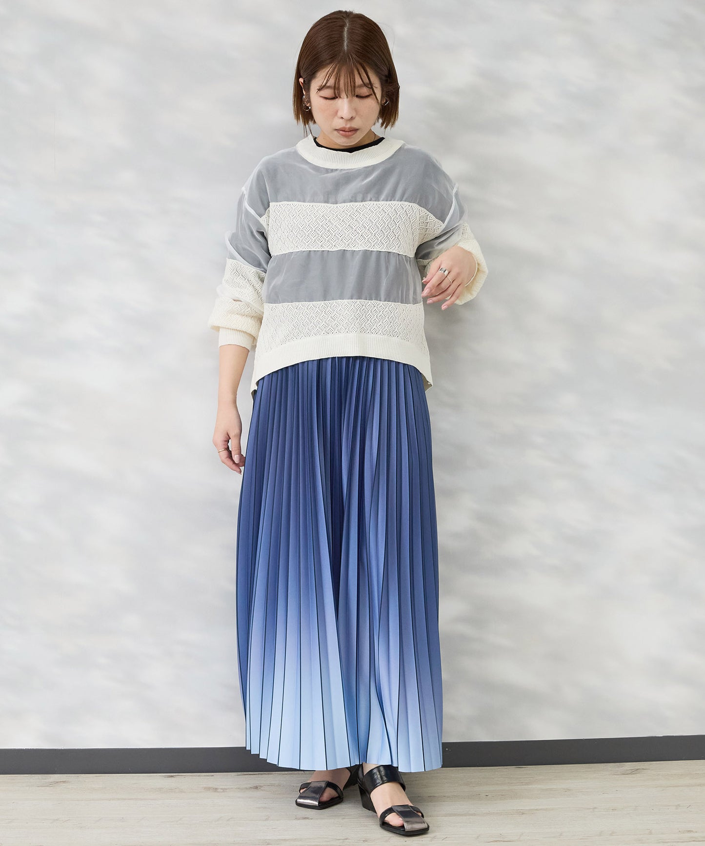 【FONT LAB】オーガンジー×透かし編みボーダーブラウス