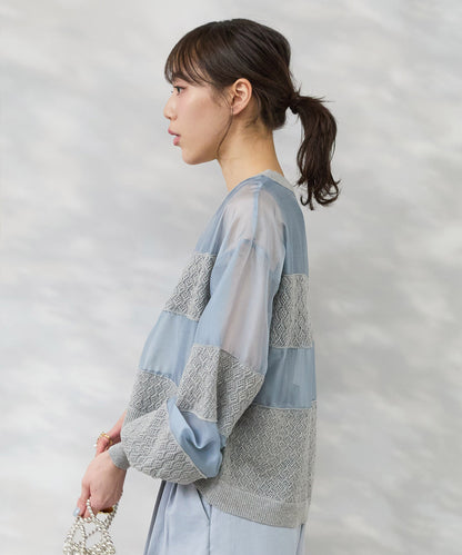 【FONT LAB】オーガンジー×透かし編みボーダーブラウス