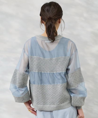 【FONT LAB】オーガンジー×透かし編みボーダーブラウス