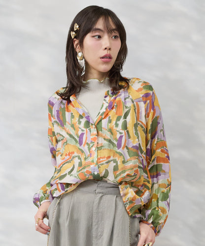 【see U soon】ジオメトリックリーフプリントキーネックシャツ