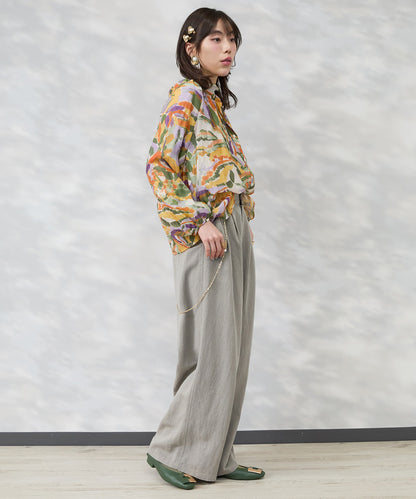 【see U soon】ジオメトリックリーフプリントキーネックシャツ