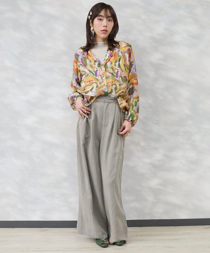 【see U soon】ジオメトリックリーフプリントキーネックシャツ