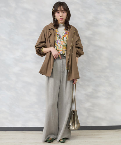 【see U soon】ジオメトリックリーフプリントキーネックシャツ