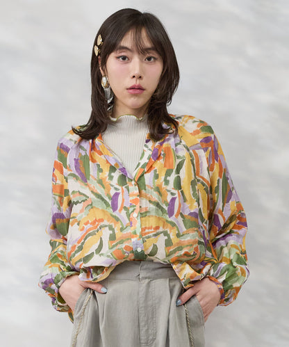 【see U soon】ジオメトリックリーフプリントキーネックシャツ