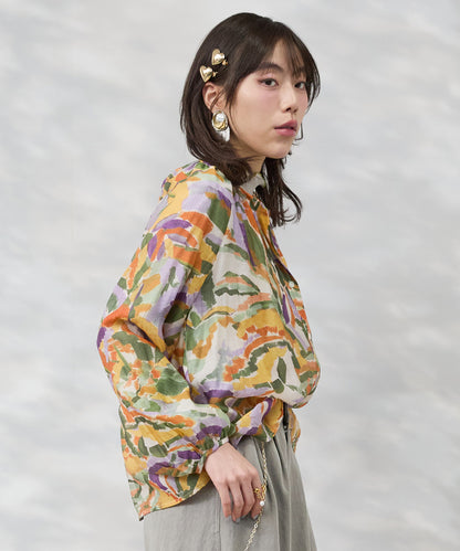 【see U soon】ジオメトリックリーフプリントキーネックシャツ