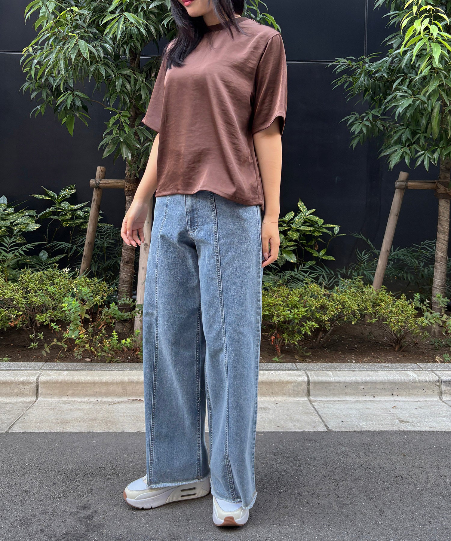 【qout】【R】サテンリブネックブラウス