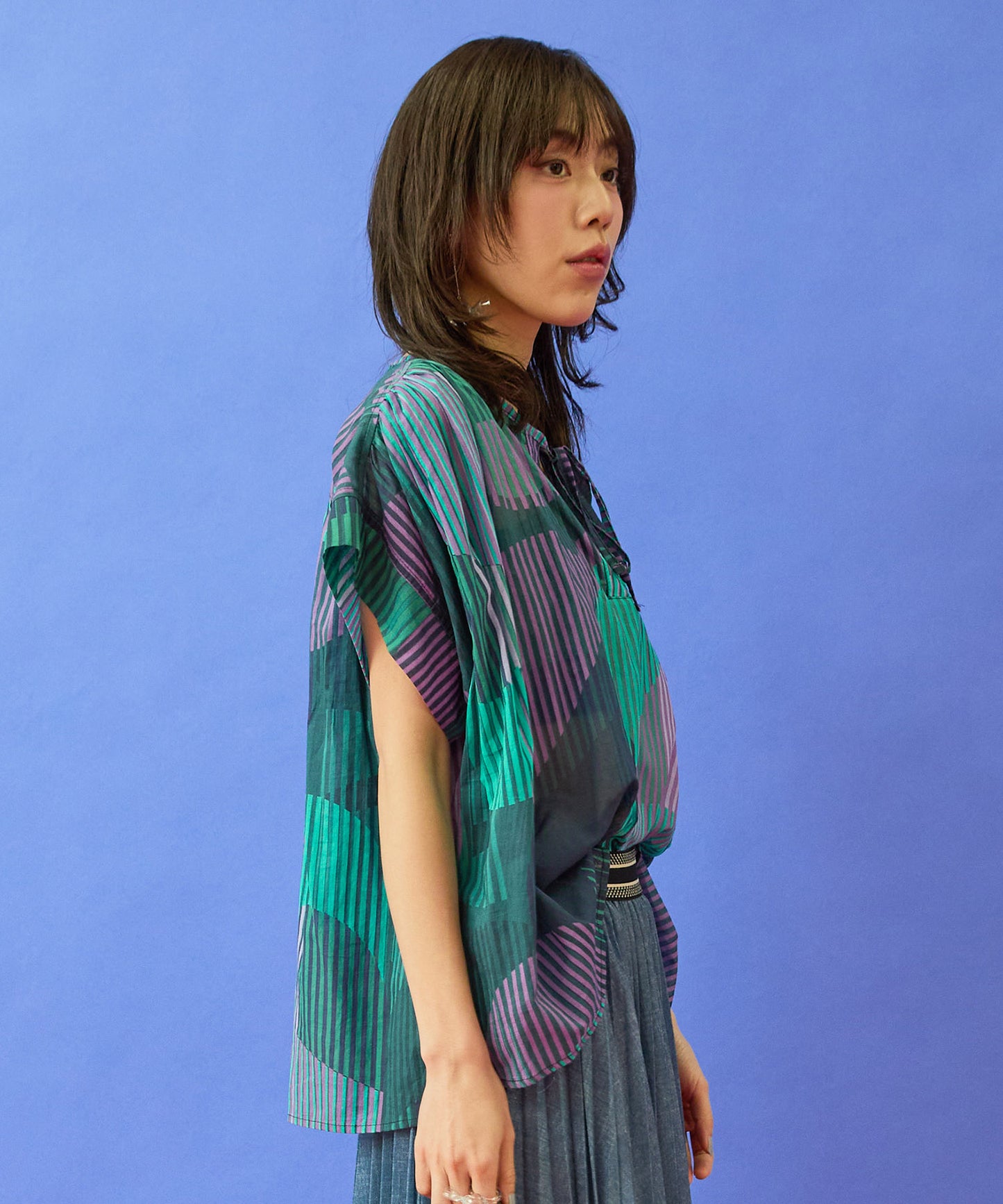 【la fée maraboutée】ストライプジオメトリックブラウス