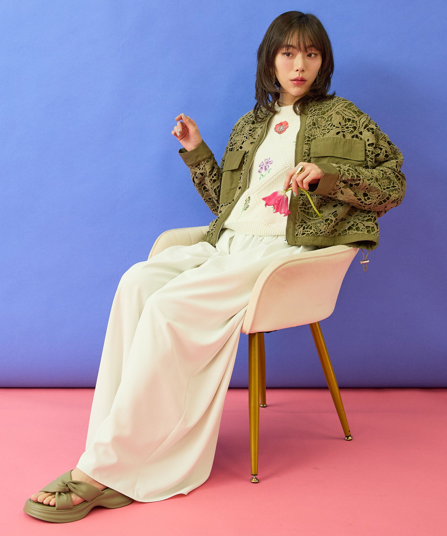 【FONT LAB】ウォッシャブルタンブラーフレアワイドパンツ