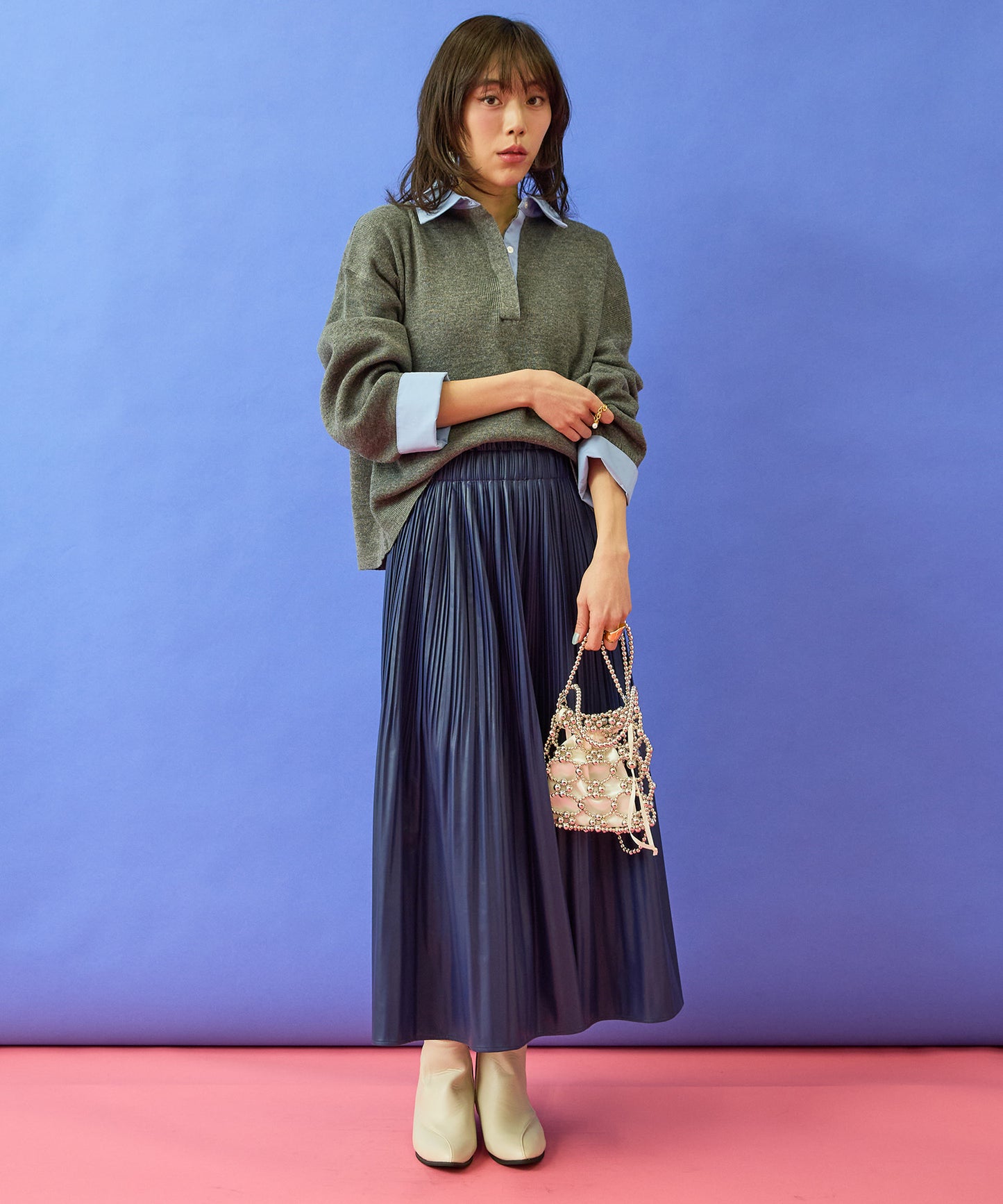 【FONT LAB】フェイクレザーランダムプリーツスカート