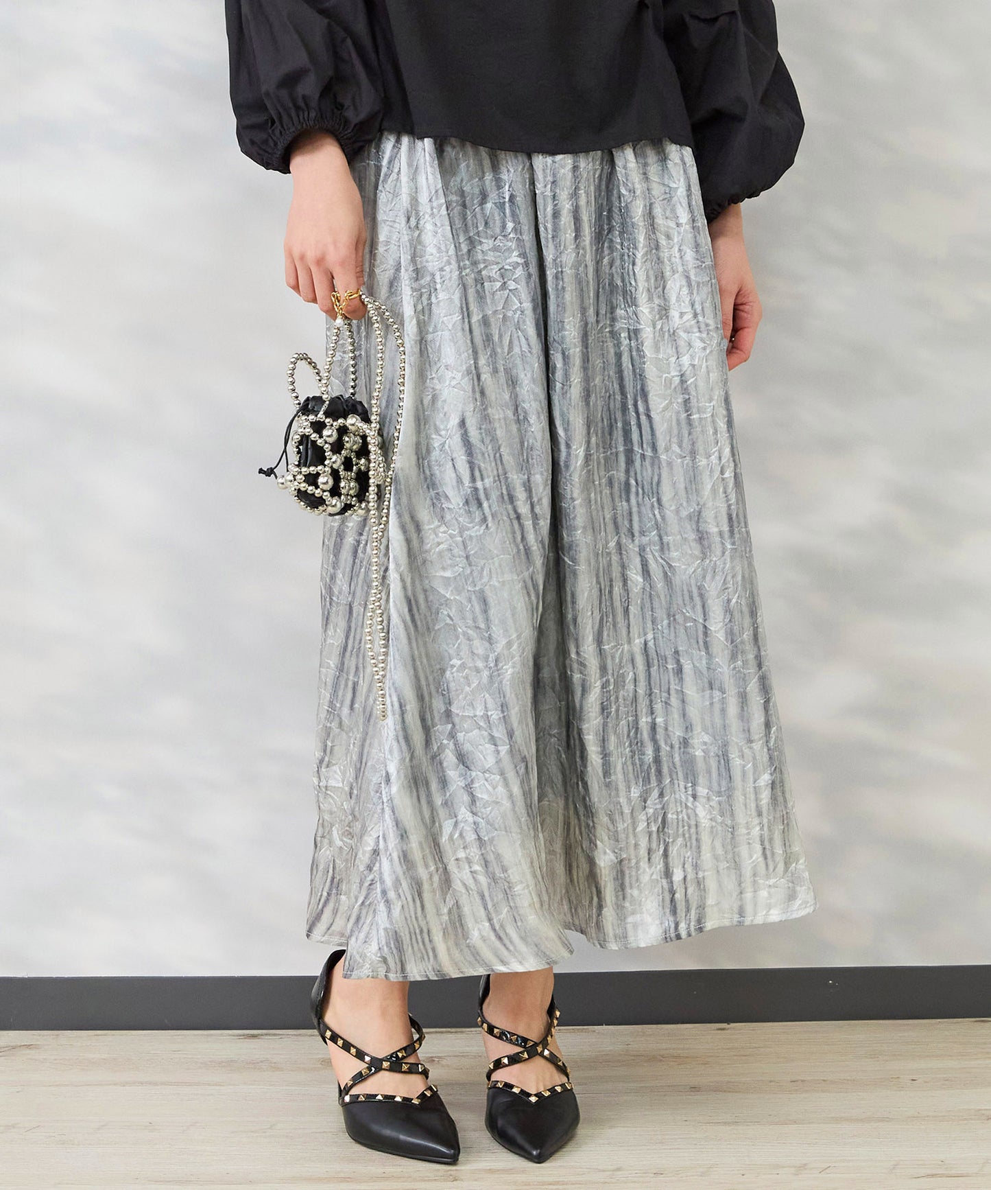 【FONT LAB】メタリックプリントワッシャースカート