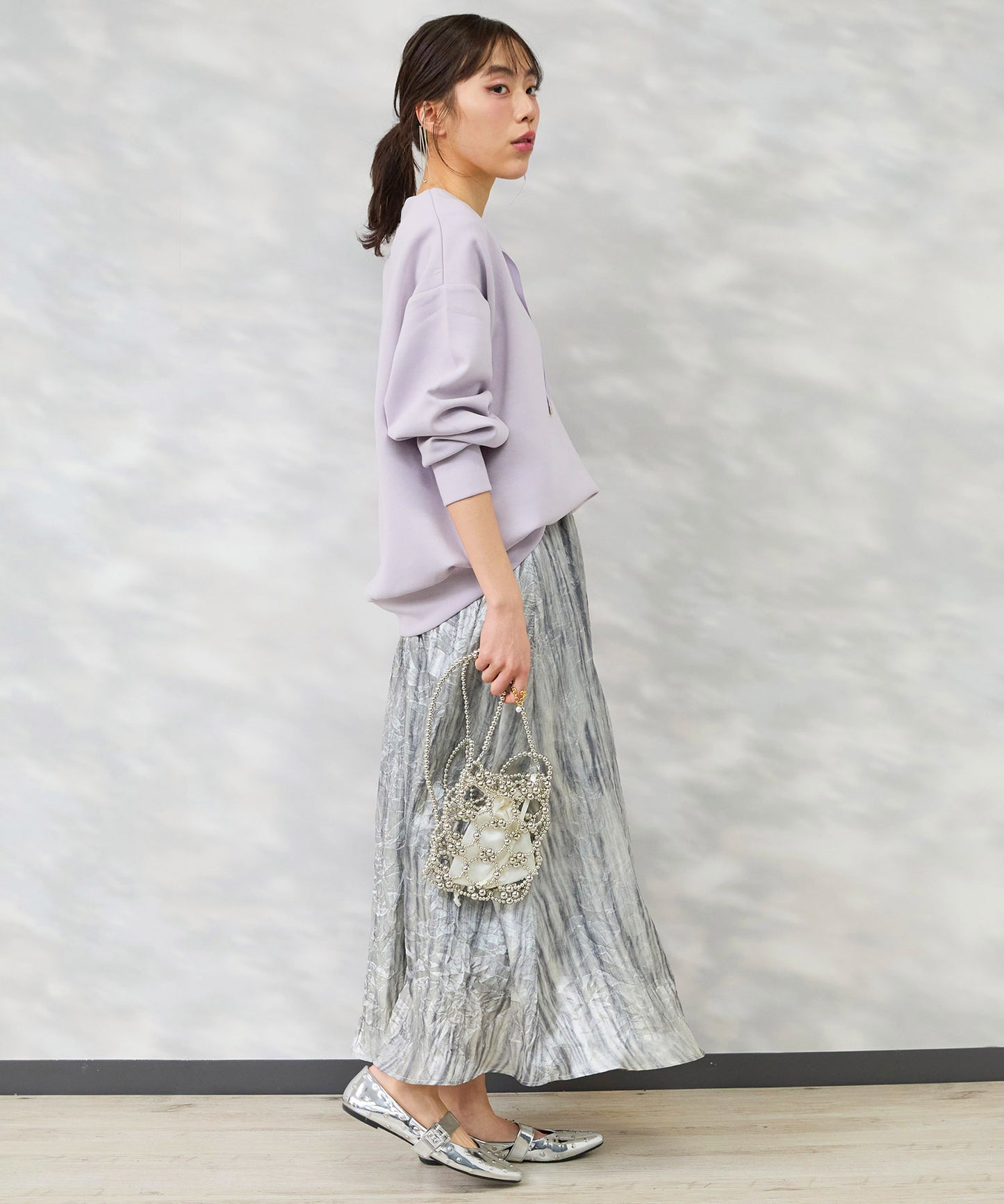 【FONT LAB】メタリックプリントワッシャースカート