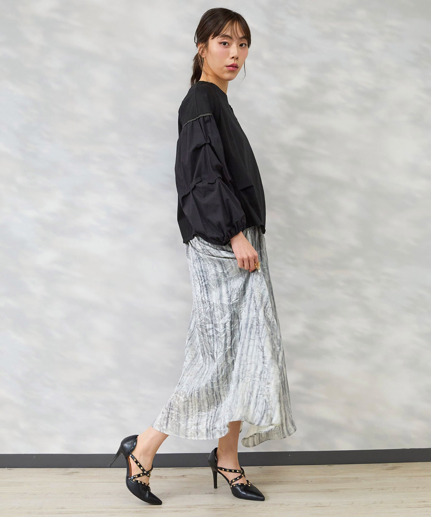 【FONT LAB】メタリックプリントワッシャースカート