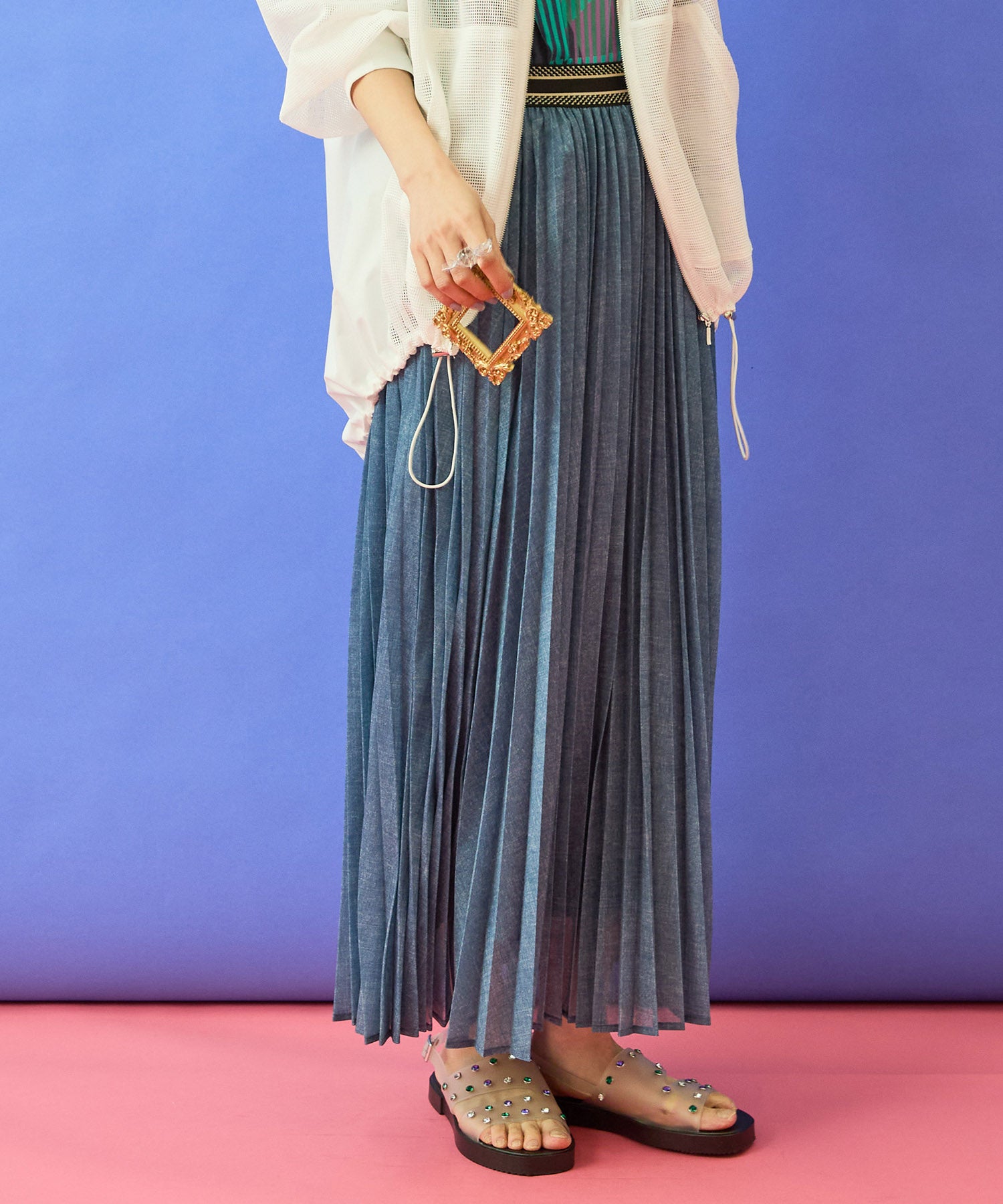 【FONT LAB】デニムプリントシアープリーツスカート