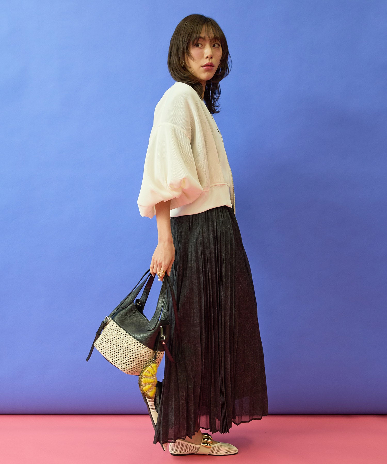 【FONT LAB】デニムプリントシアープリーツスカート