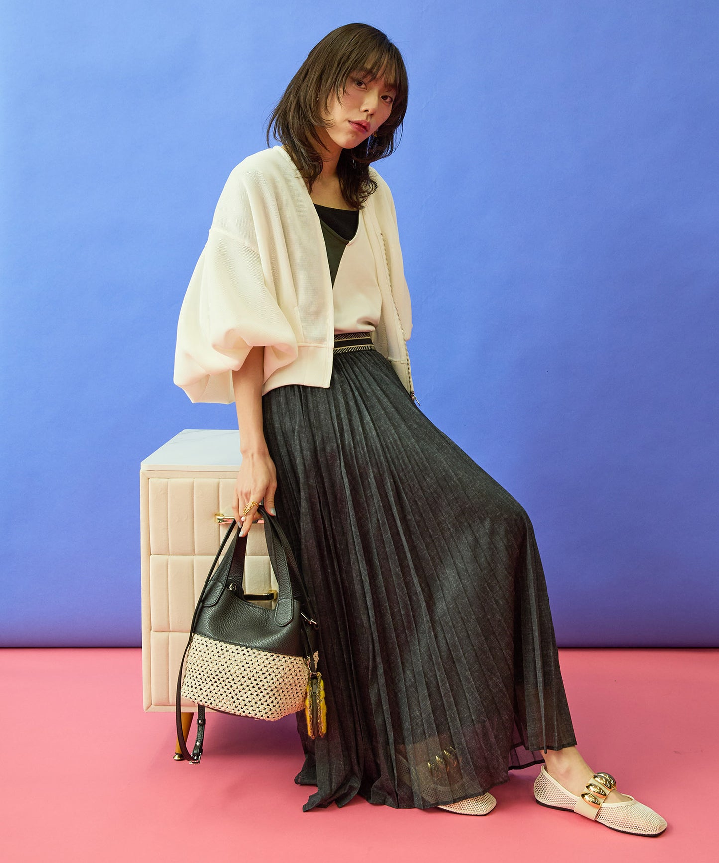 【FONT LAB】デニムプリントシアープリーツスカート