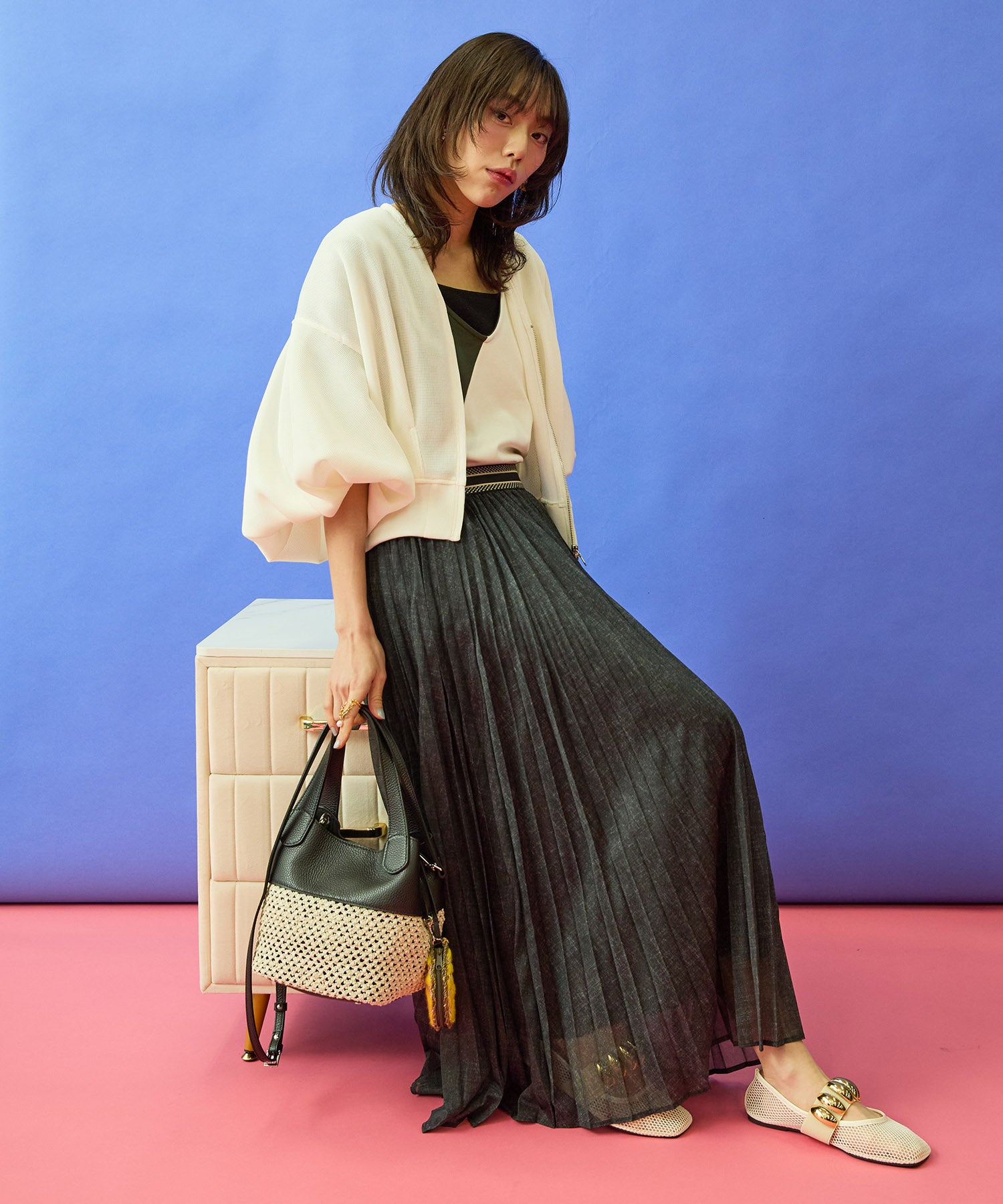 【FONT LAB】デニムプリントシアープリーツスカート