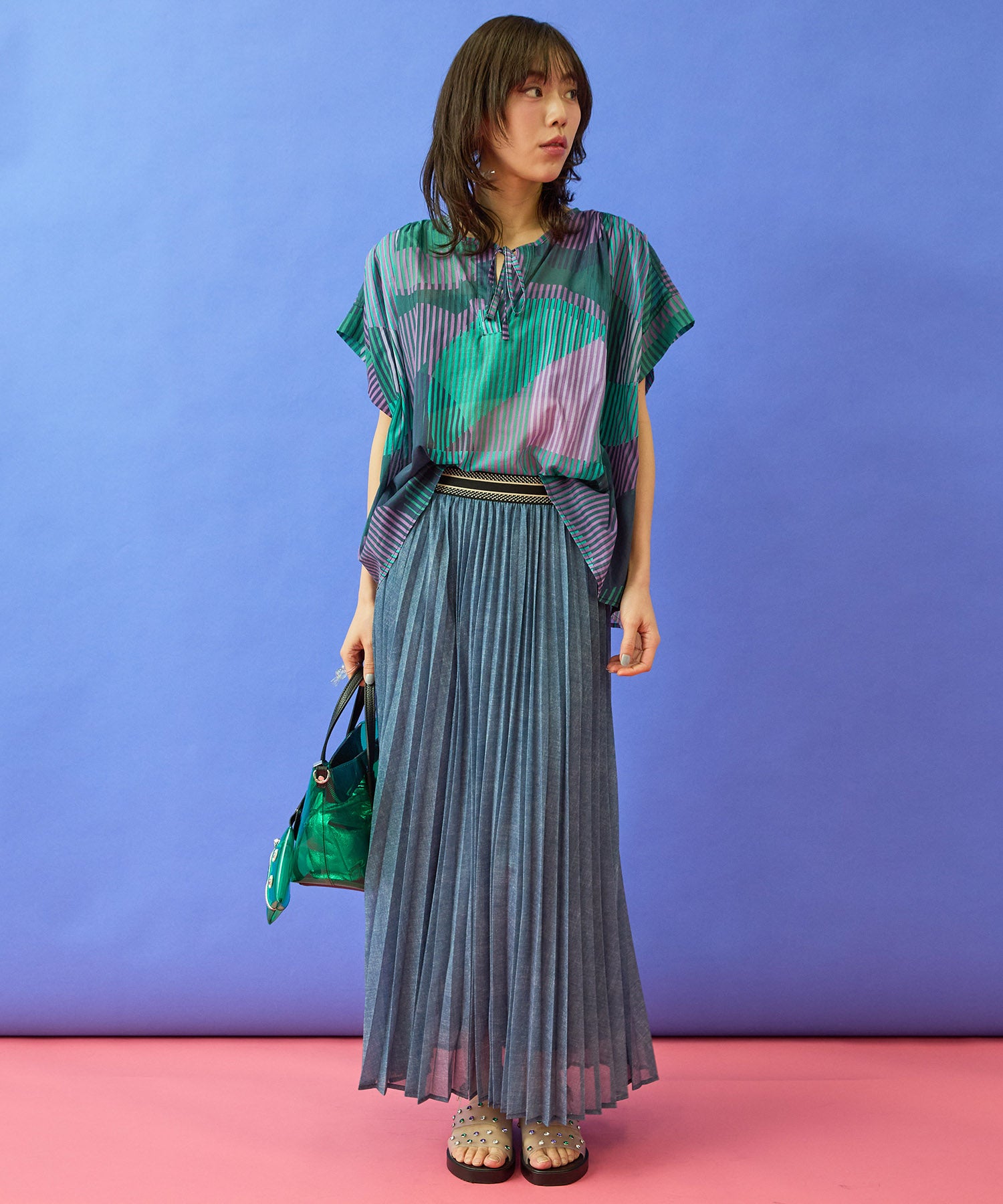 【FONT LAB】デニムプリントシアープリーツスカート