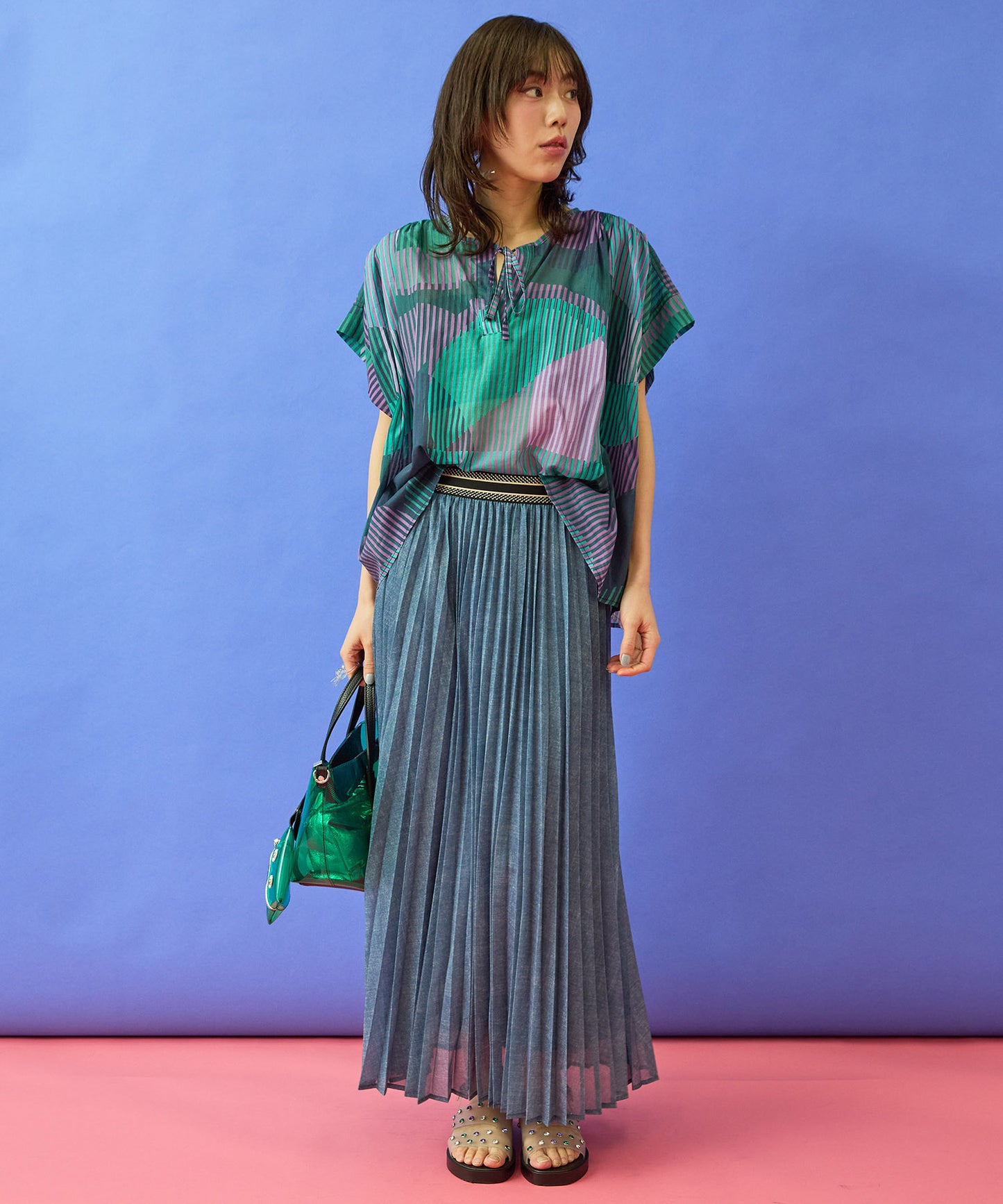 【FONT LAB】デニムプリントシアープリーツスカート