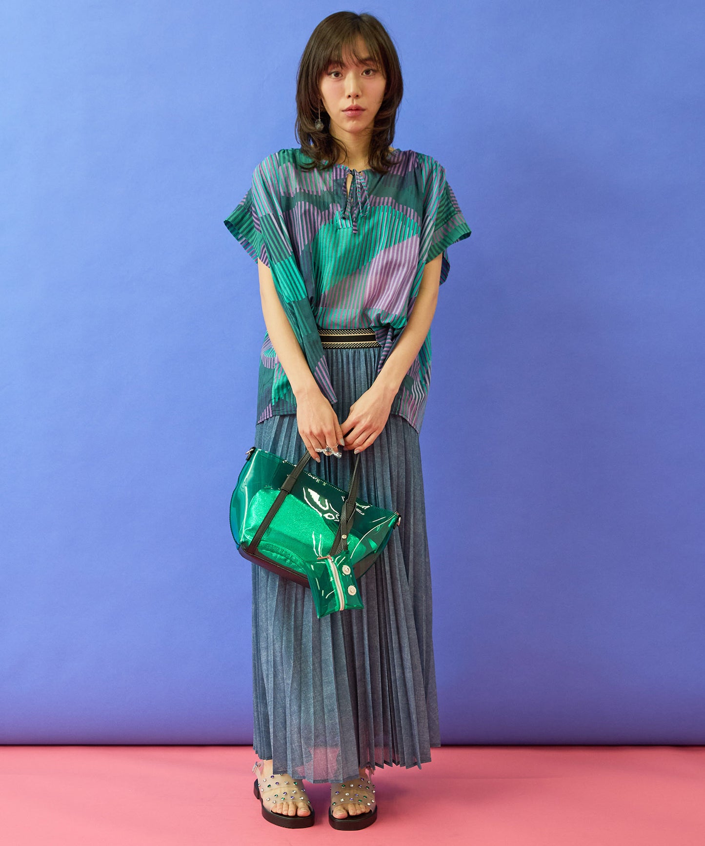 【FONT LAB】デニムプリントシアープリーツスカート