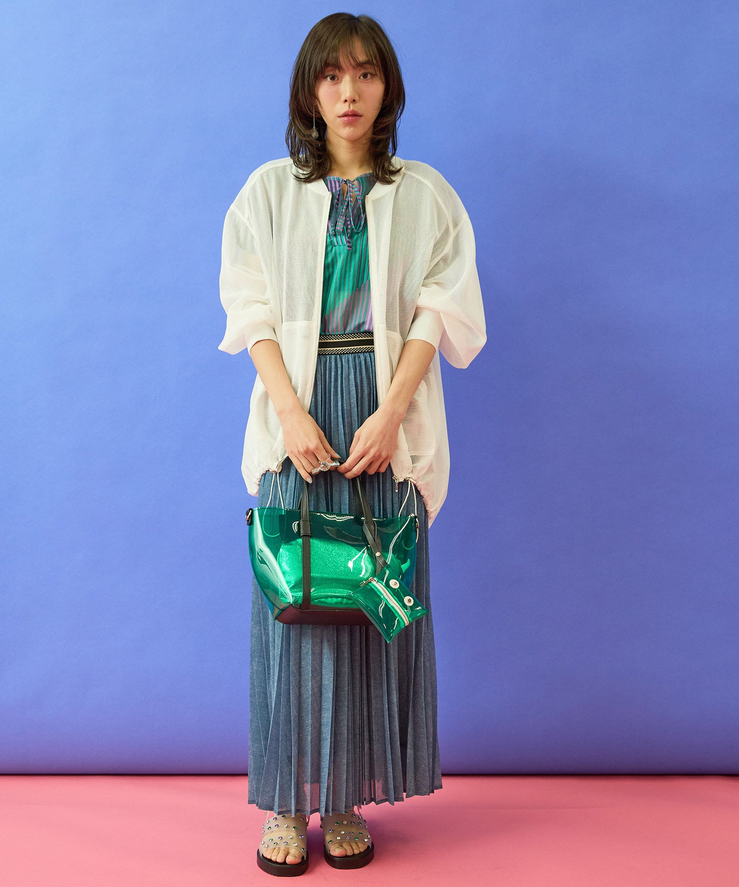 【FONT LAB】デニムプリントシアープリーツスカート