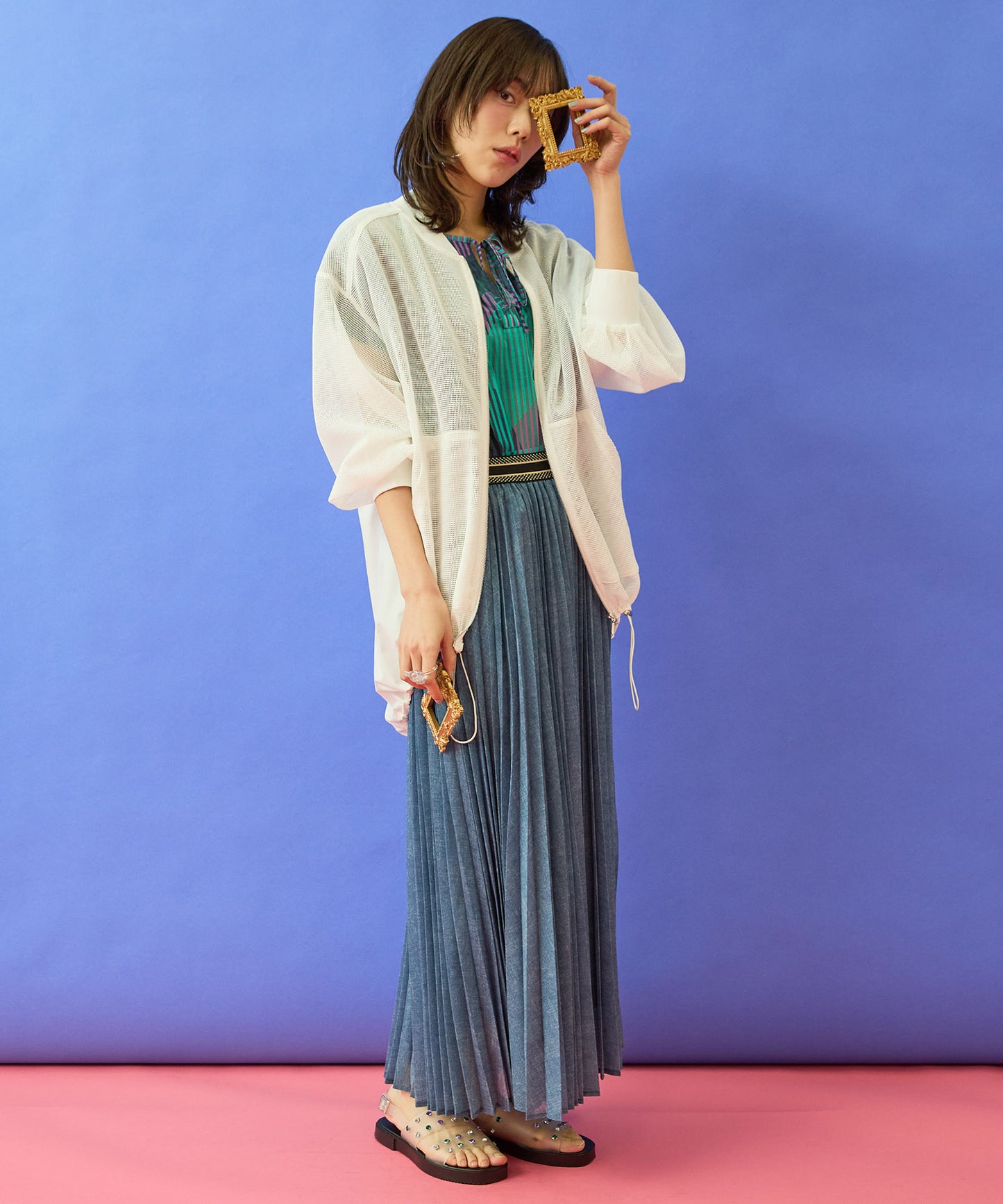 【FONT LAB】デニムプリントシアープリーツスカート