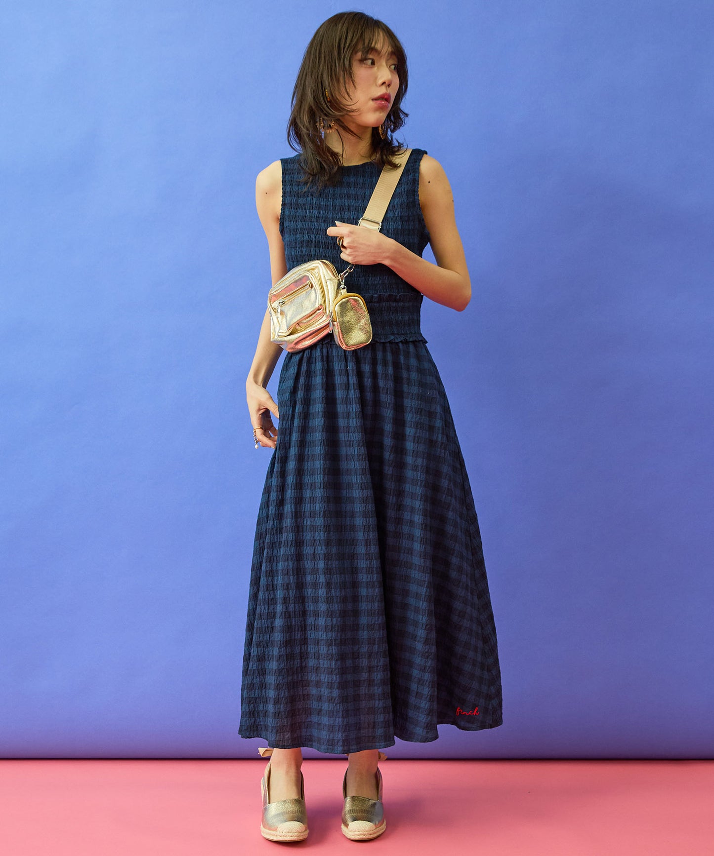 【FRNCH】ダークギンガムシャーリングワンピース