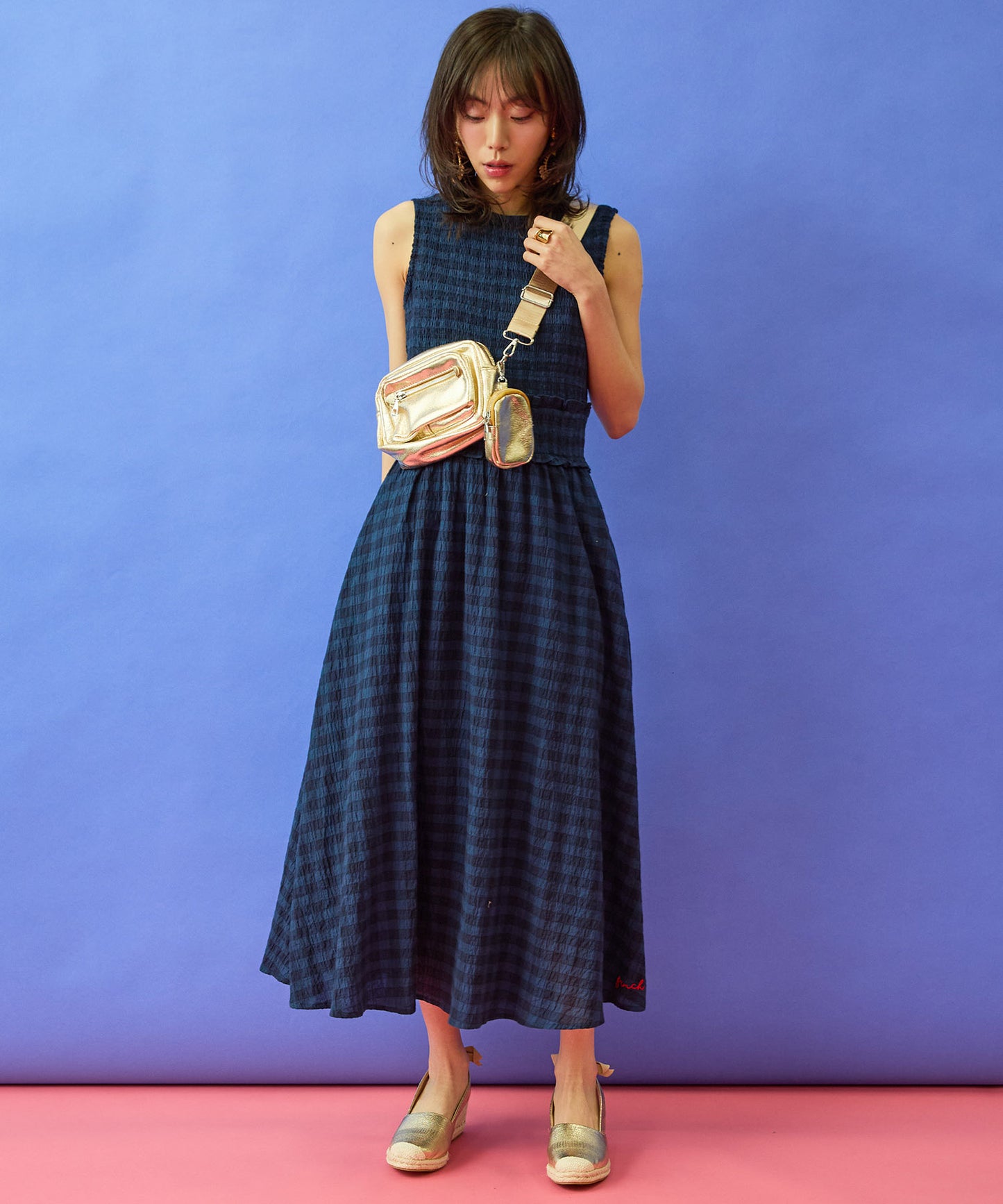 【FRNCH】ダークギンガムシャーリングワンピース