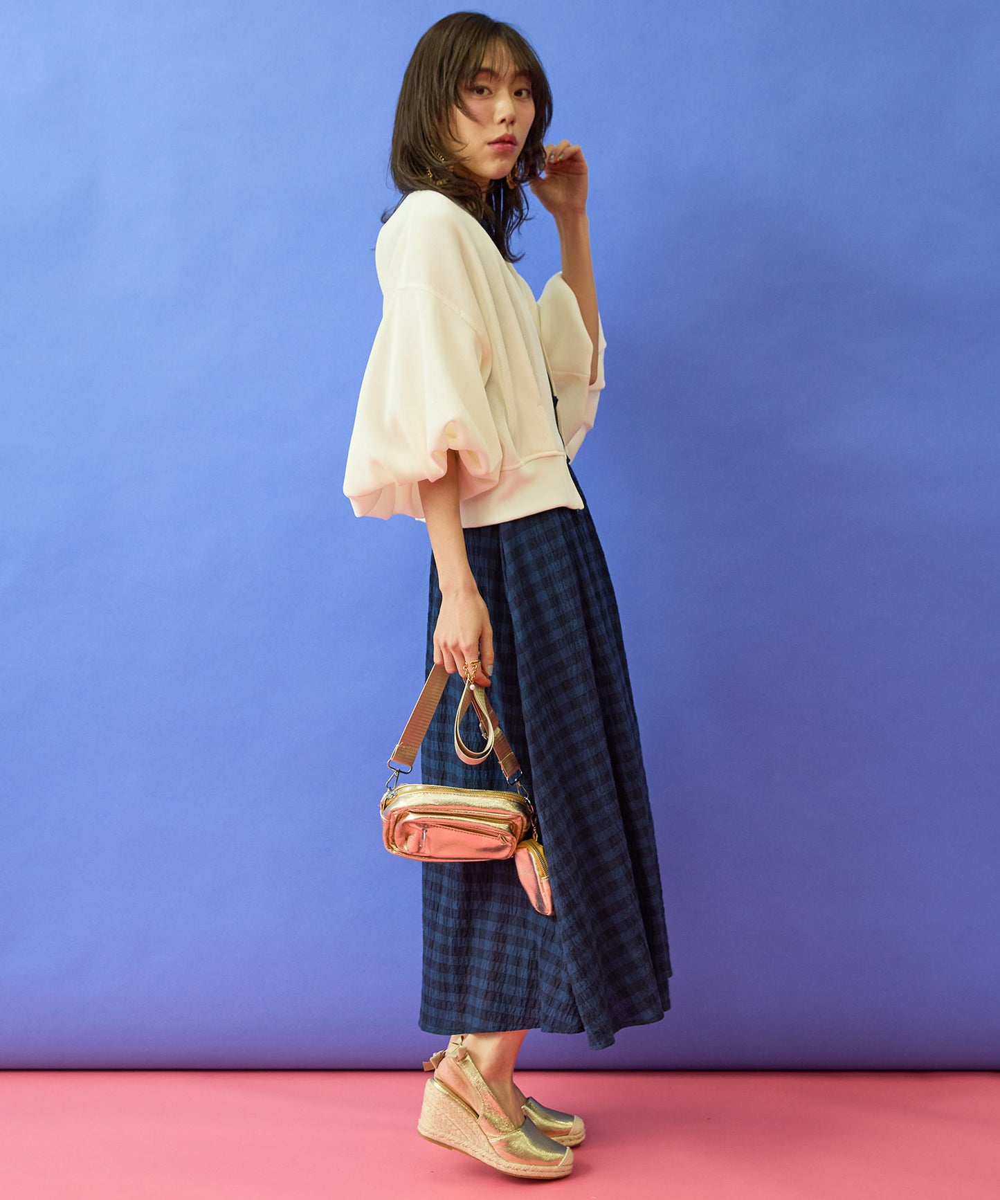 【FRNCH】ダークギンガムシャーリングワンピース