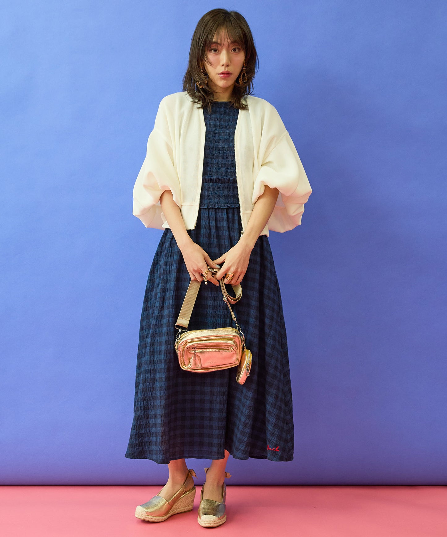 【FRNCH】ダークギンガムシャーリングワンピース