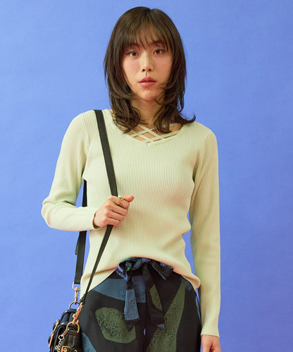 ニット 春 レディース 薄手 ダイヤモンドネック リブニット