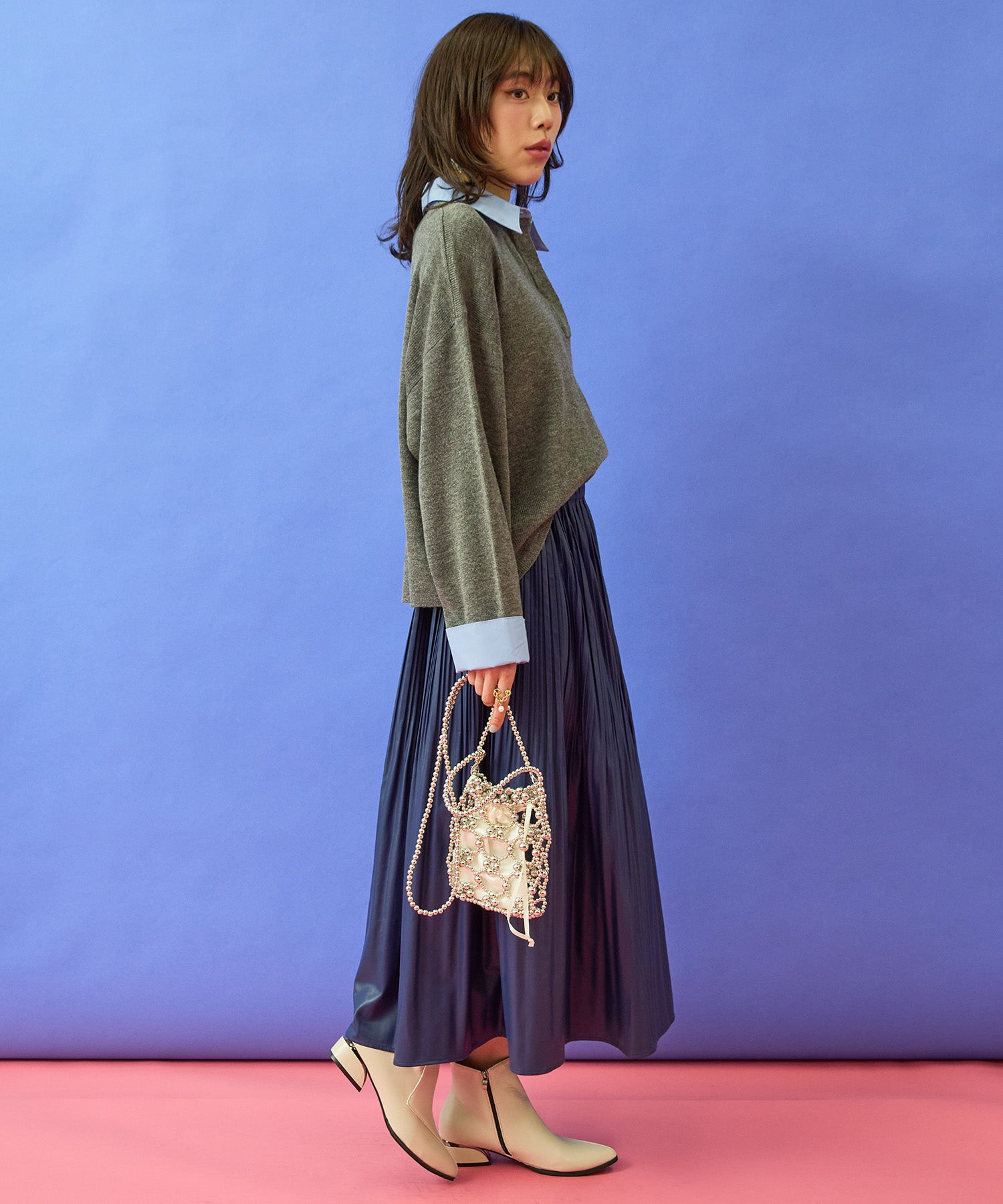 【FONT LAB】フェイクシャツレイヤードクロップドニット