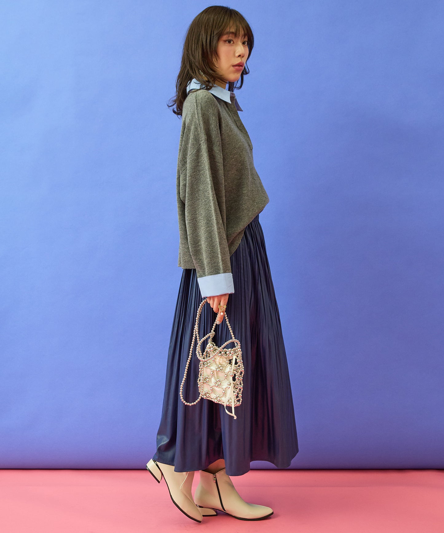 【FONT LAB】フェイクシャツレイヤードクロップドニット