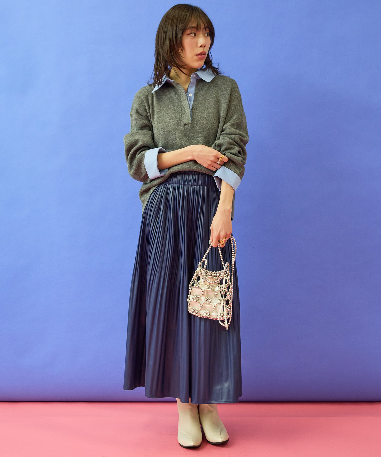 【FONT LAB】フェイクシャツレイヤードクロップドニット