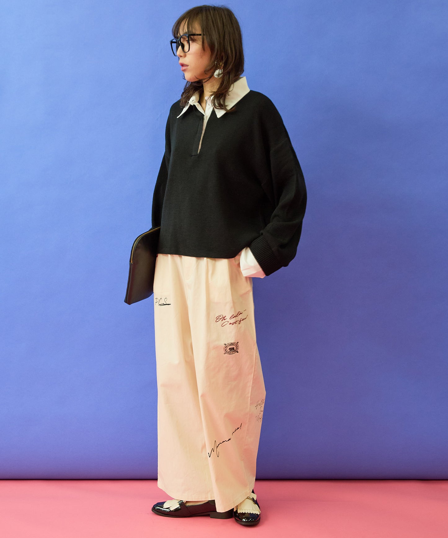 【FONT LAB】フェイクシャツレイヤードクロップドニット