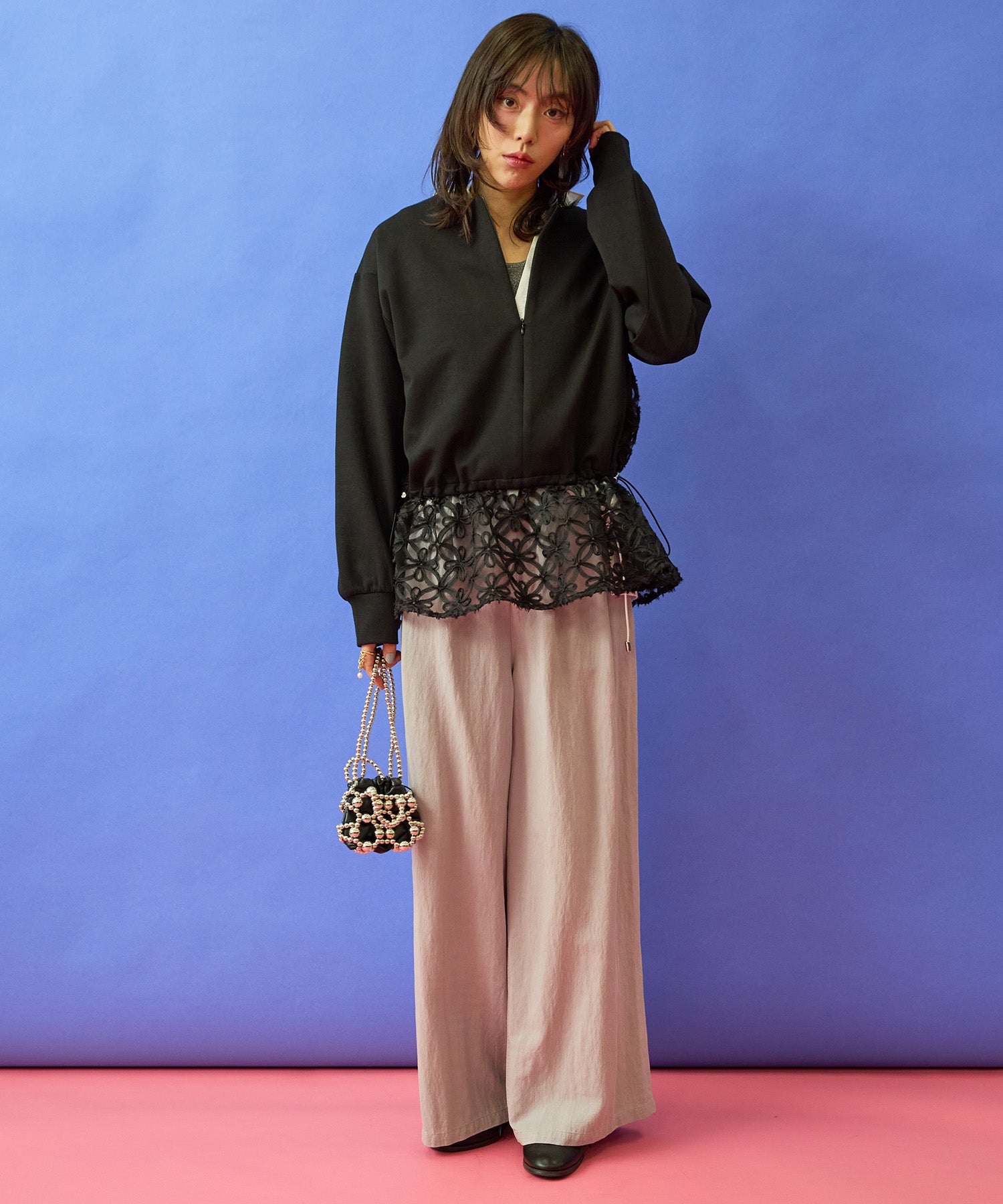 【FONT LAB】チュール刺繍コンビ2WAYトップス