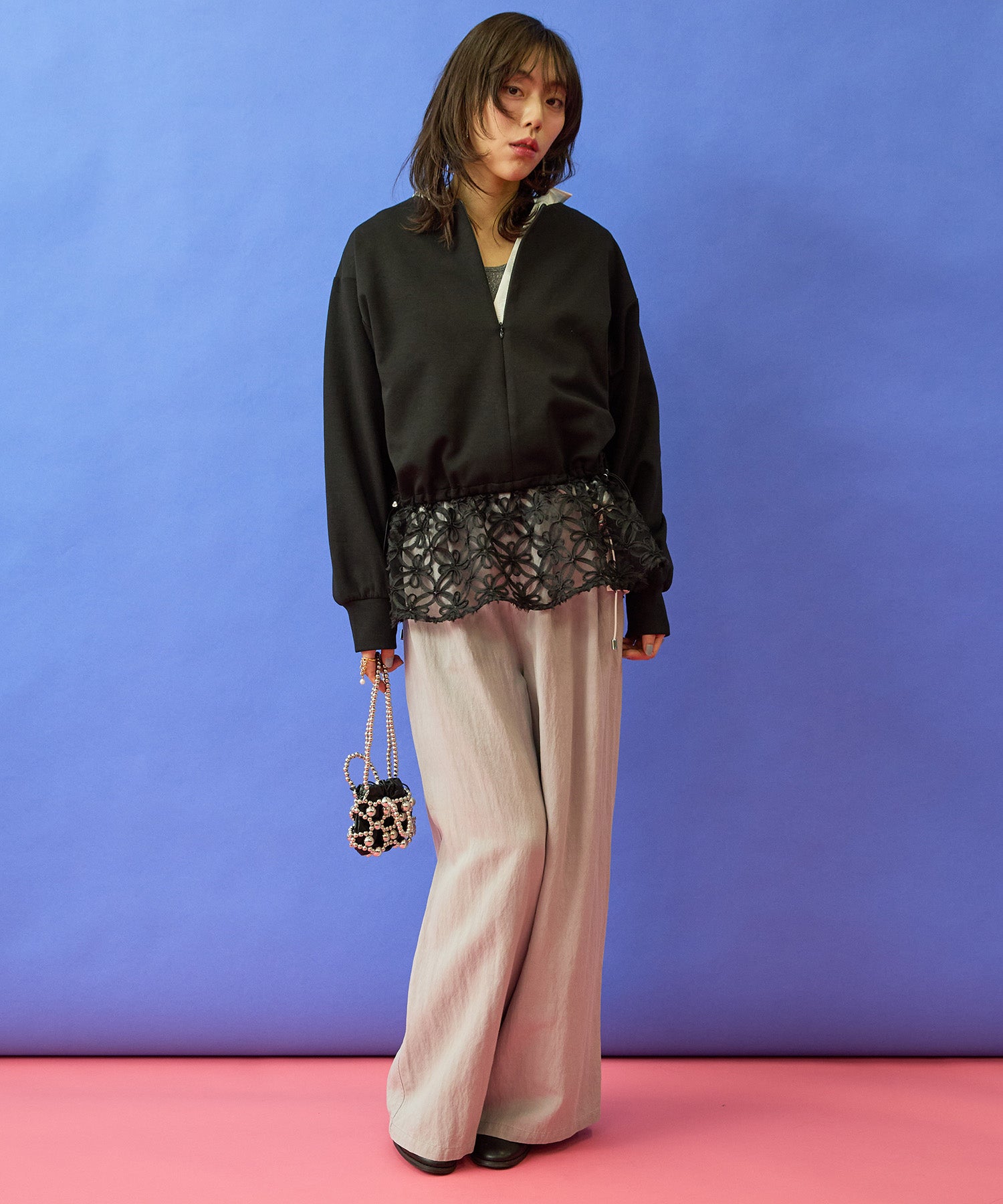 【FONT LAB】チュール刺繍コンビ2WAYトップス