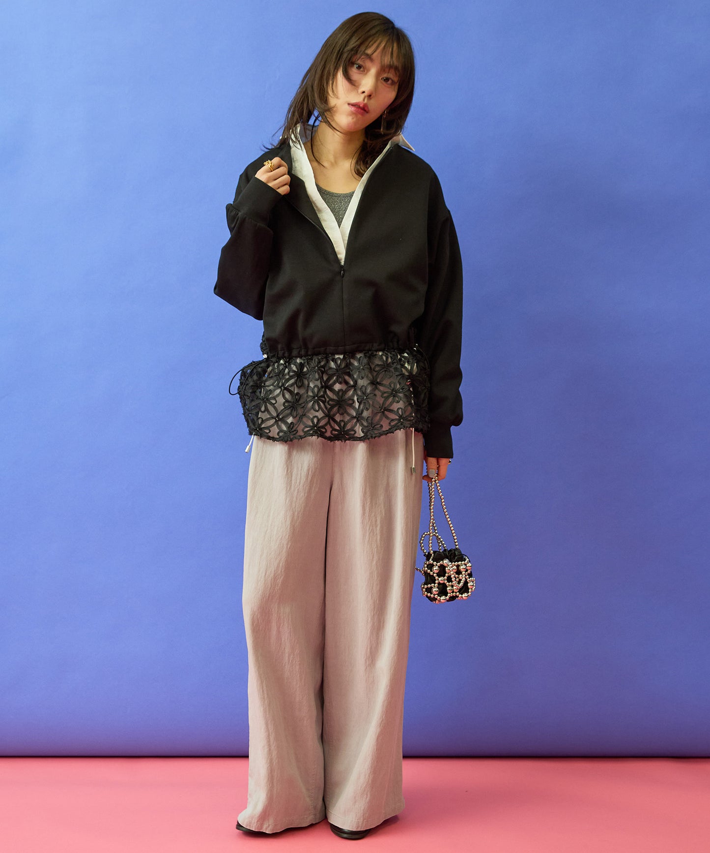 【FONT LAB】チュール刺繍コンビ2WAYトップス