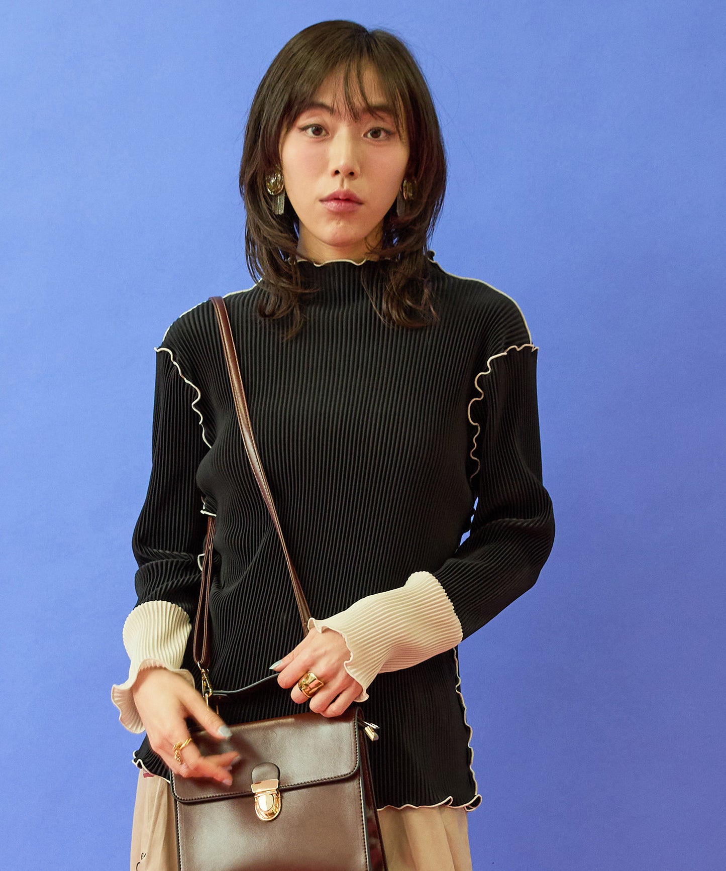 カットソー レディース シアー ちびハイネック インナー トップス 袖先配色